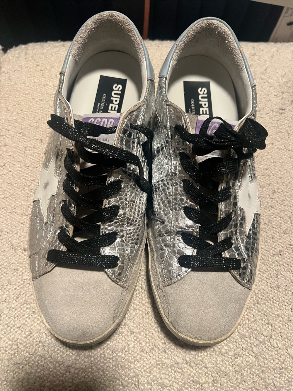 Golden Goose Metallic Silver Snake-Print Sneakers with Black Laces EUC